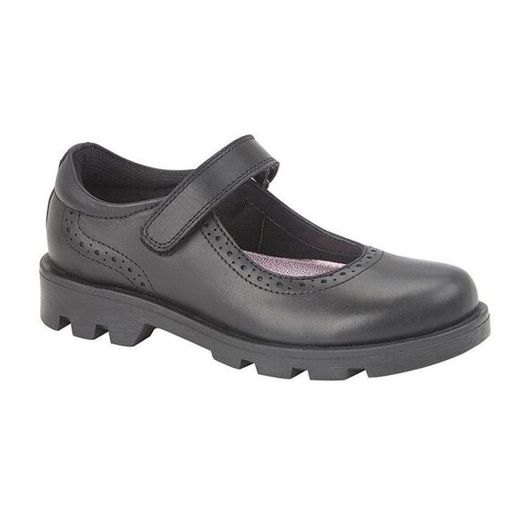 Roamers Girls Leather Touch Fastening Bar Shoe / Black